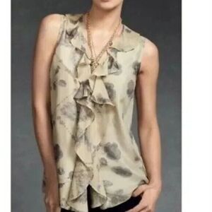 CAbi Style 149 Tranquil Floral Ruffle Button Down 100% Silk Sleeveless Tank S